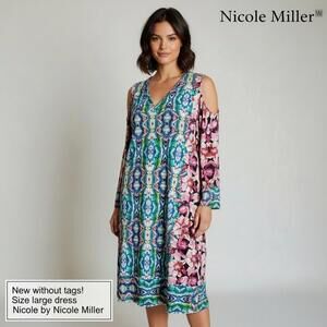 Nicole Miller Large Size Cold Shoulder Floral Print Dress